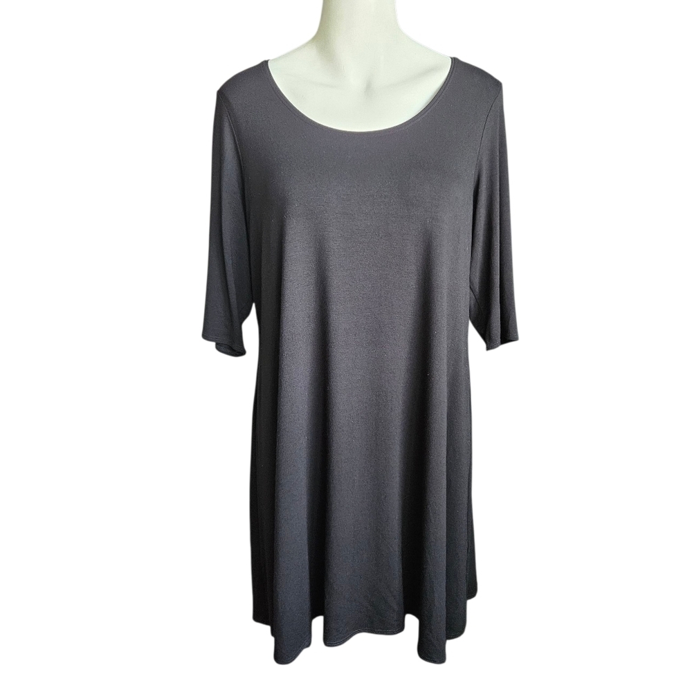 Eileen Fisher Women Scoop Neck Elbow Sleeve T-Shirt Dress Size LG Black Viscose‎